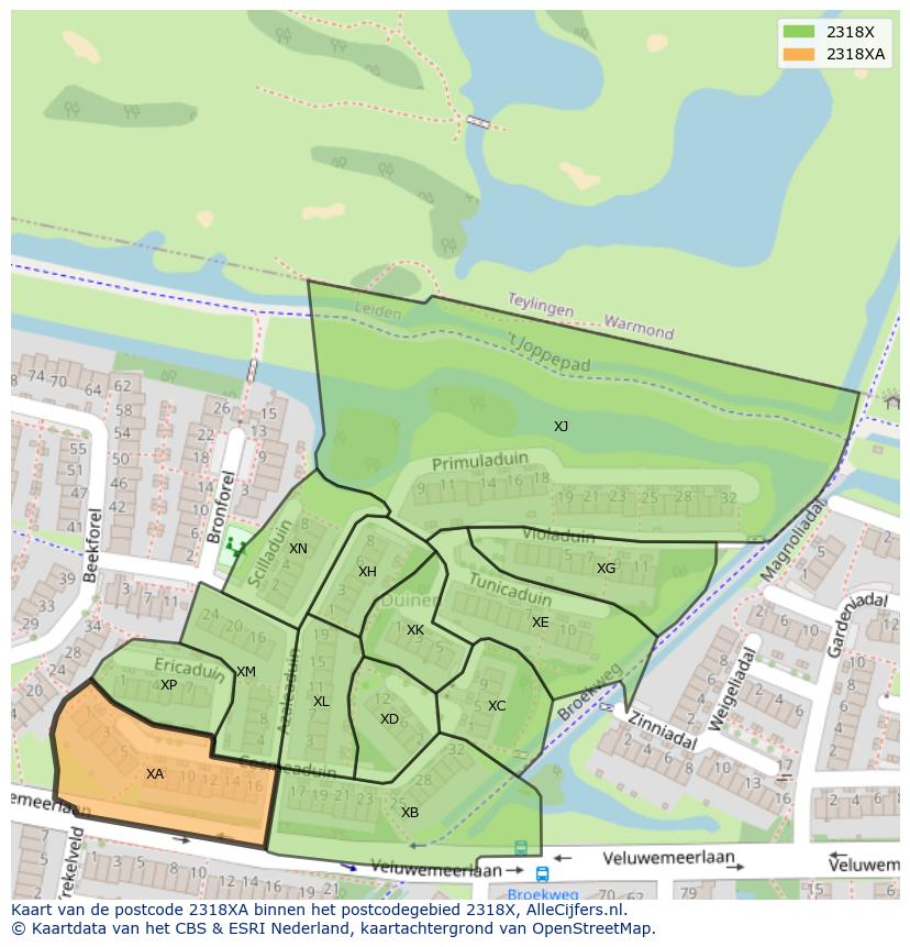 Afbeelding van het postcodegebied 2318 XA op de kaart.