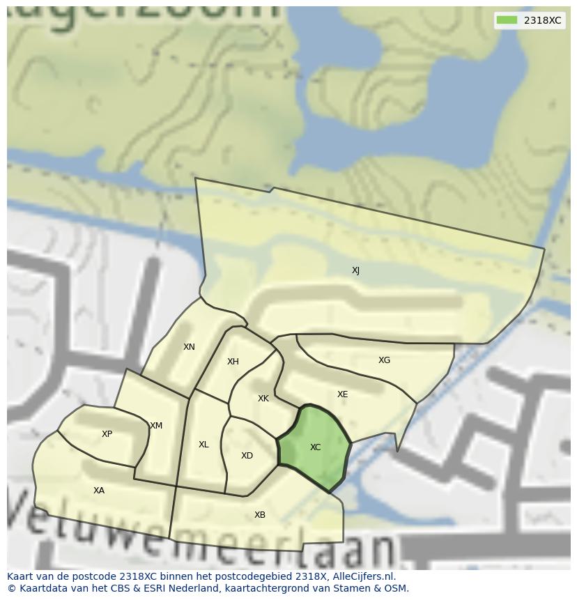 Afbeelding van het postcodegebied 2318 XC op de kaart.