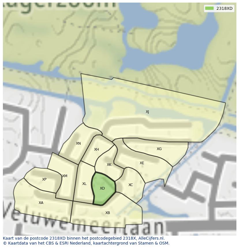 Afbeelding van het postcodegebied 2318 XD op de kaart.