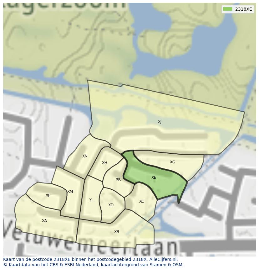 Afbeelding van het postcodegebied 2318 XE op de kaart.