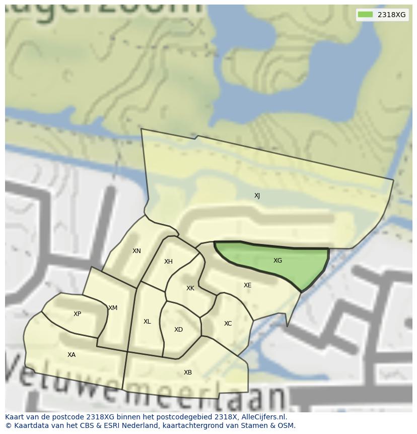 Afbeelding van het postcodegebied 2318 XG op de kaart.