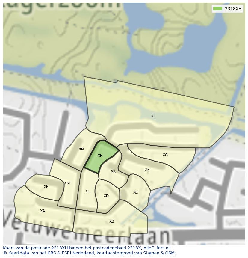 Afbeelding van het postcodegebied 2318 XH op de kaart.