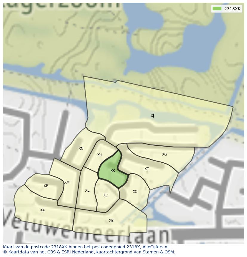 Afbeelding van het postcodegebied 2318 XK op de kaart.
