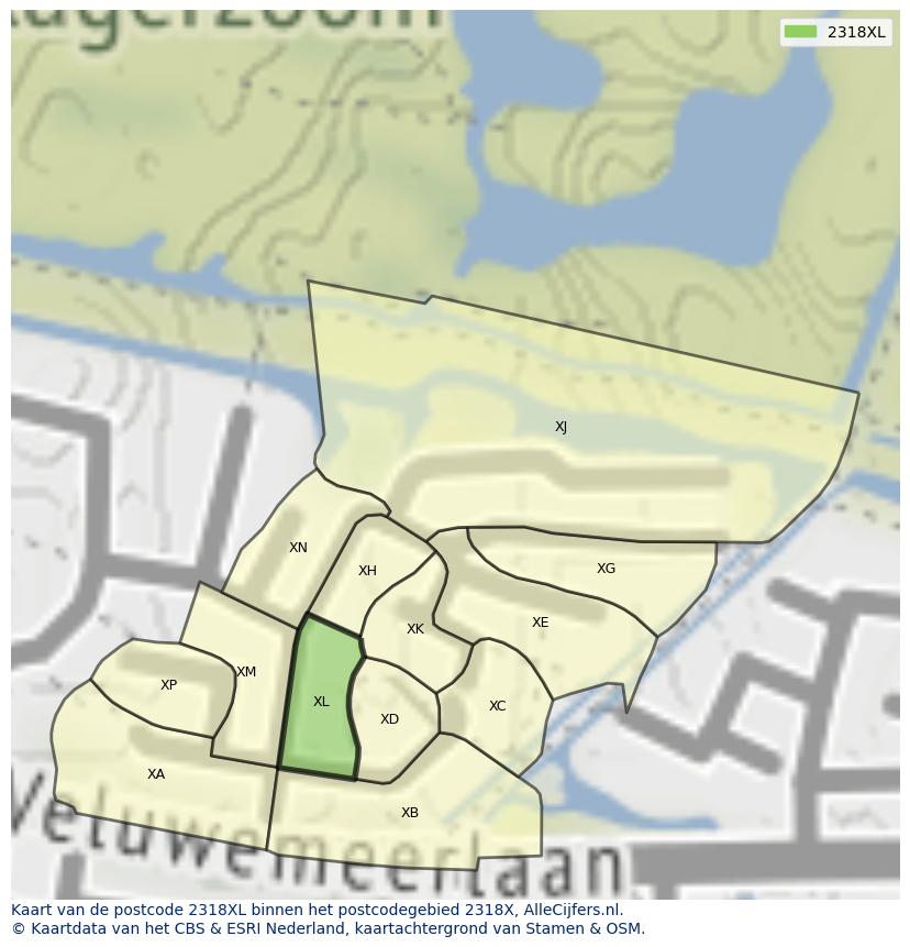 Afbeelding van het postcodegebied 2318 XL op de kaart.