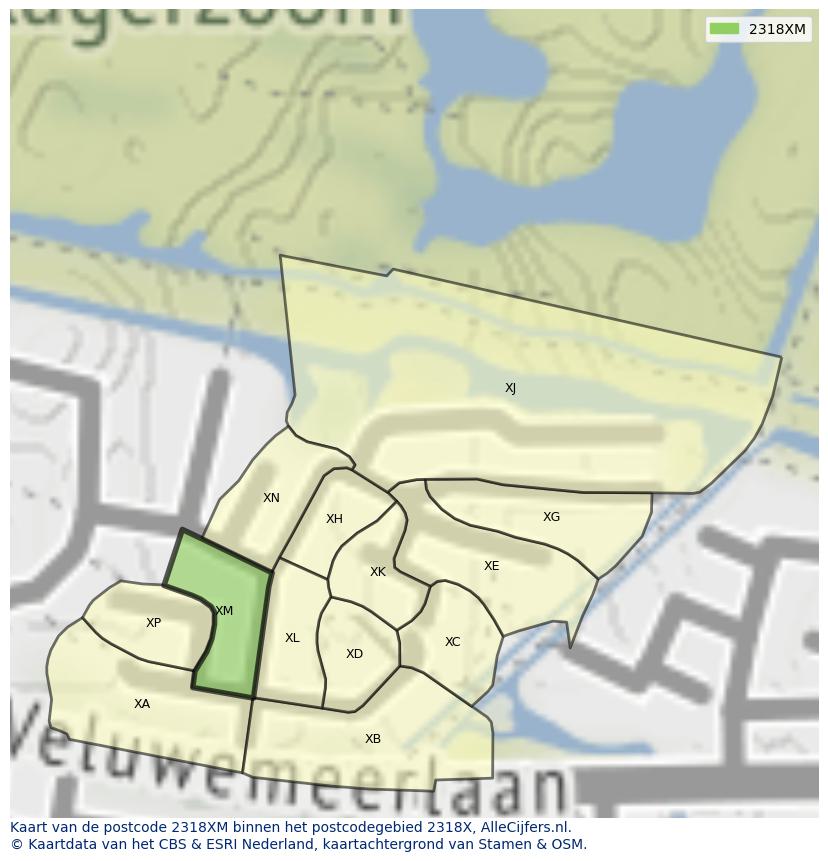 Afbeelding van het postcodegebied 2318 XM op de kaart.