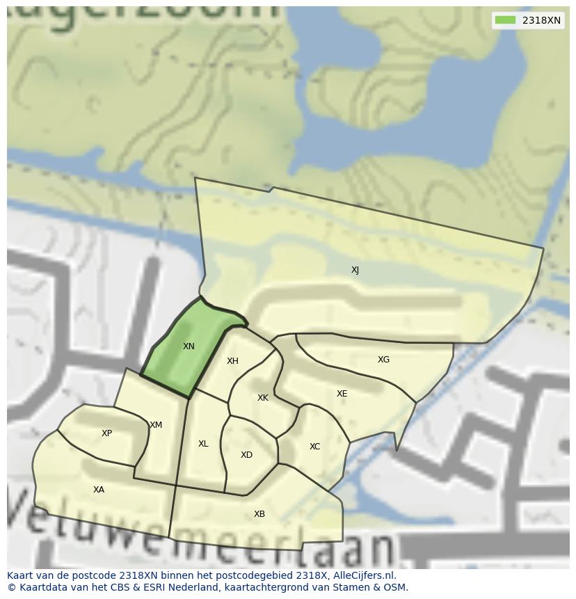 Afbeelding van het postcodegebied 2318 XN op de kaart.