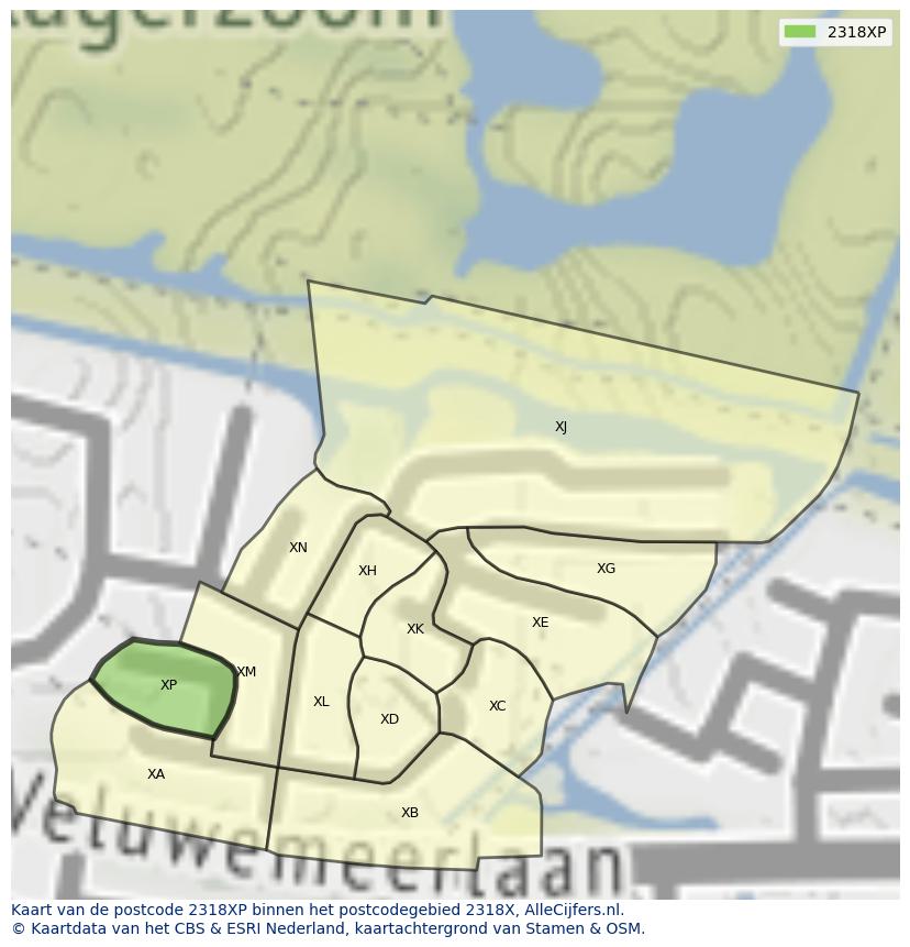Afbeelding van het postcodegebied 2318 XP op de kaart.