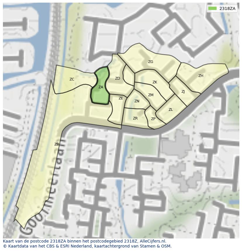 Afbeelding van het postcodegebied 2318 ZA op de kaart.