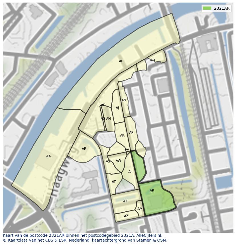 Afbeelding van het postcodegebied 2321 AR op de kaart.
