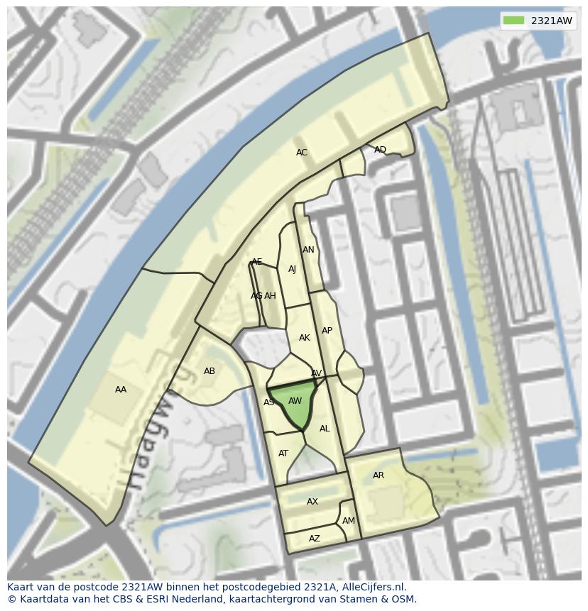 Afbeelding van het postcodegebied 2321 AW op de kaart.