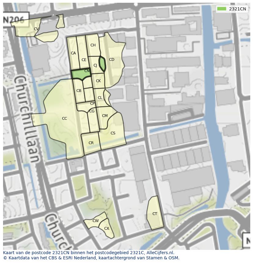 Afbeelding van het postcodegebied 2321 CN op de kaart.
