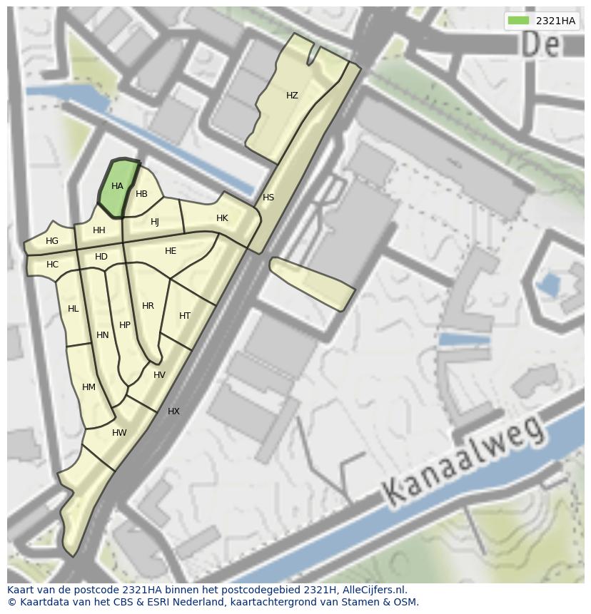 Afbeelding van het postcodegebied 2321 HA op de kaart.