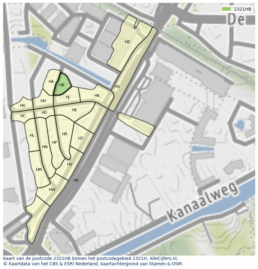 Afbeelding van het postcodegebied 2321 HB op de kaart.