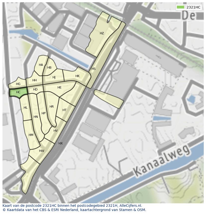 Afbeelding van het postcodegebied 2321 HC op de kaart.
