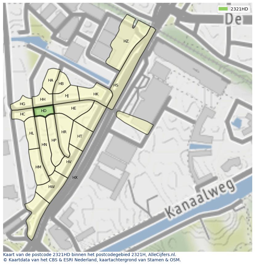 Afbeelding van het postcodegebied 2321 HD op de kaart.