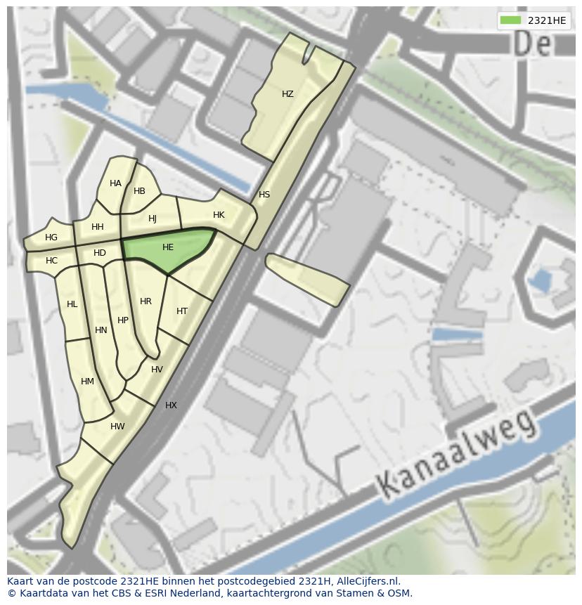 Afbeelding van het postcodegebied 2321 HE op de kaart.