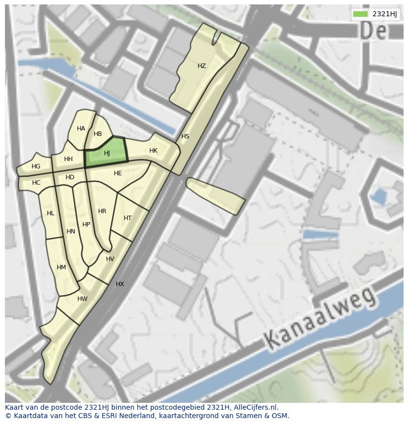 Afbeelding van het postcodegebied 2321 HJ op de kaart.