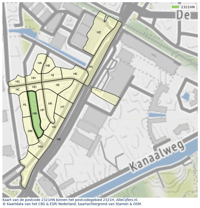 Afbeelding van het postcodegebied 2321 HN op de kaart.