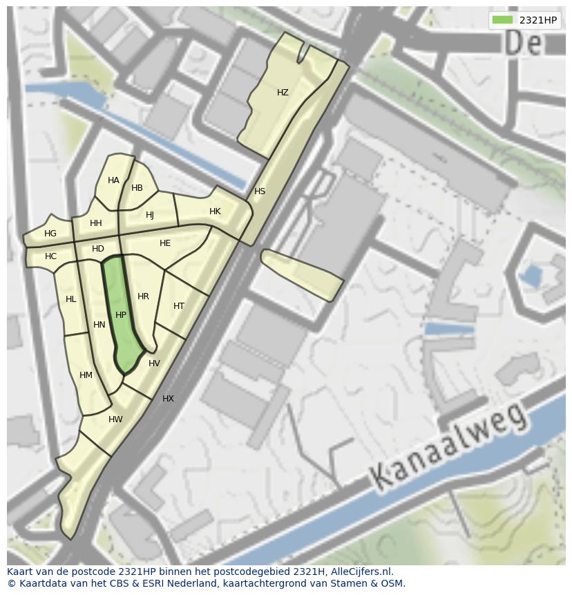 Afbeelding van het postcodegebied 2321 HP op de kaart.