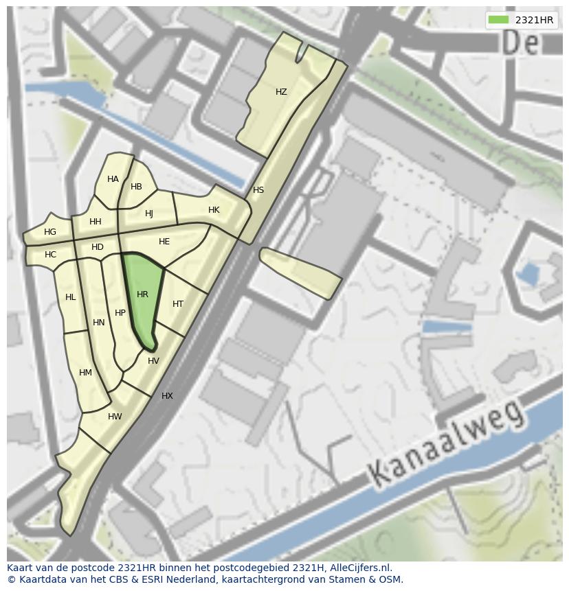 Afbeelding van het postcodegebied 2321 HR op de kaart.
