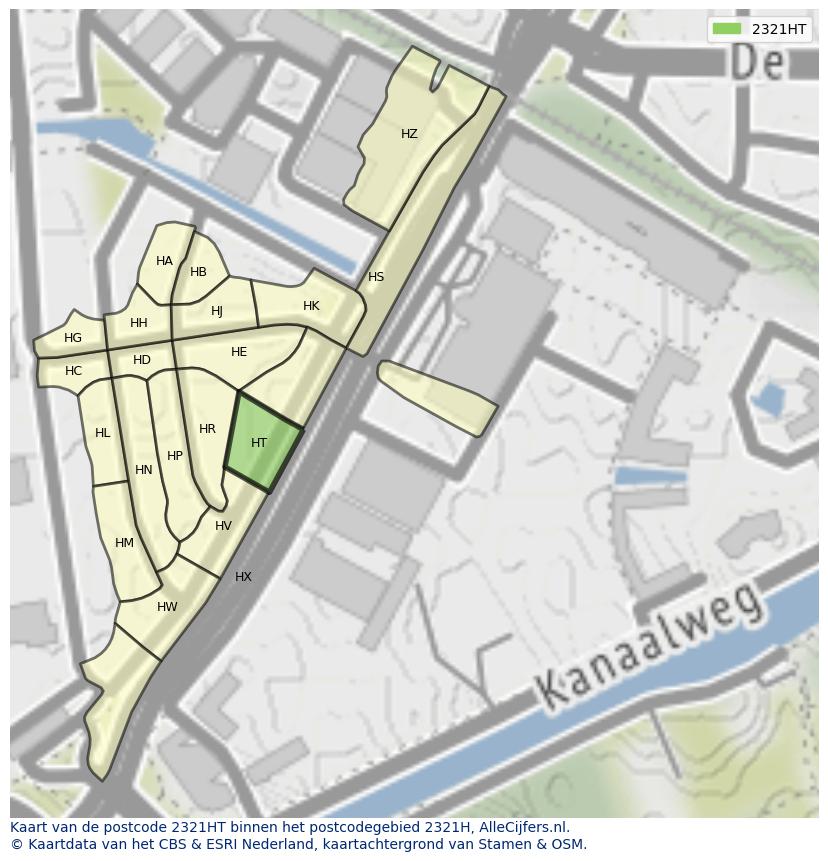 Afbeelding van het postcodegebied 2321 HT op de kaart.