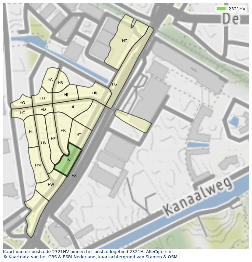 Afbeelding van het postcodegebied 2321 HV op de kaart.