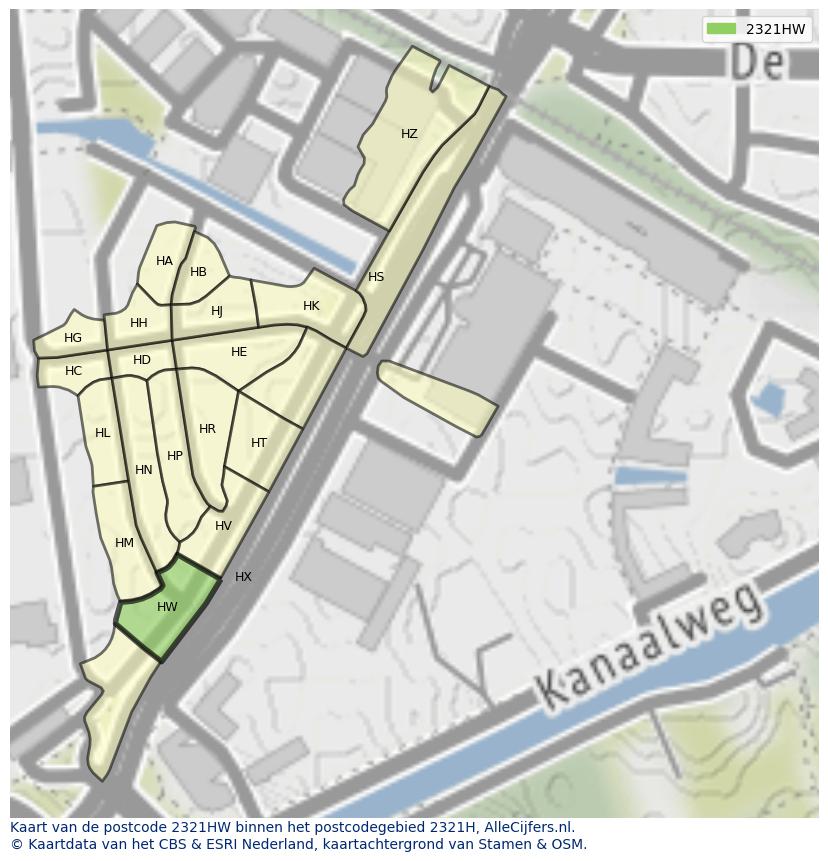 Afbeelding van het postcodegebied 2321 HW op de kaart.