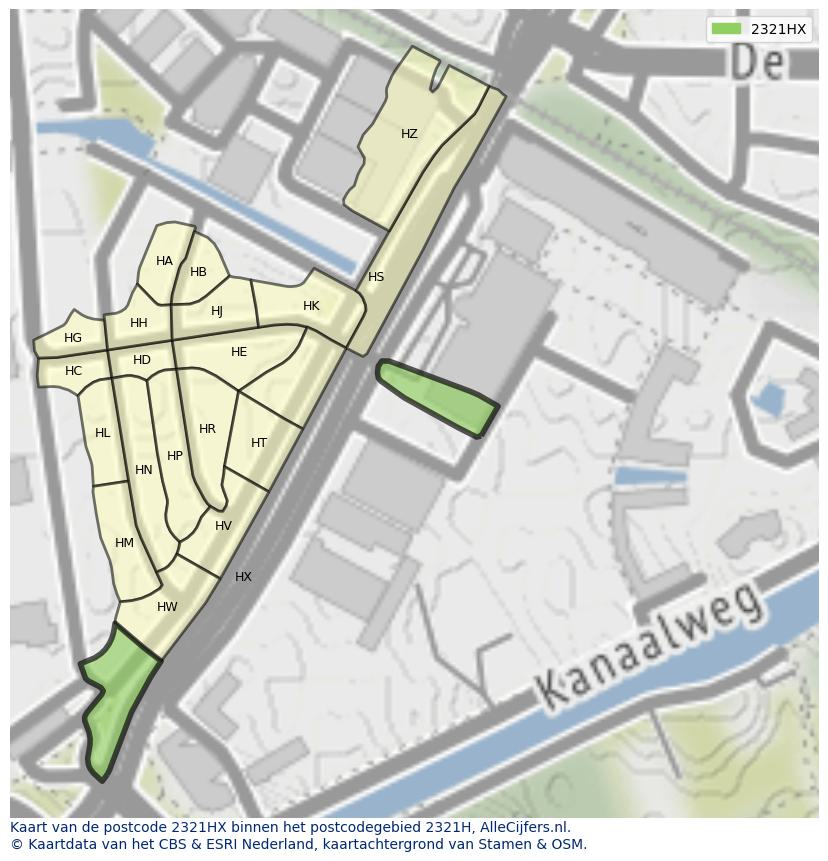 Afbeelding van het postcodegebied 2321 HX op de kaart.