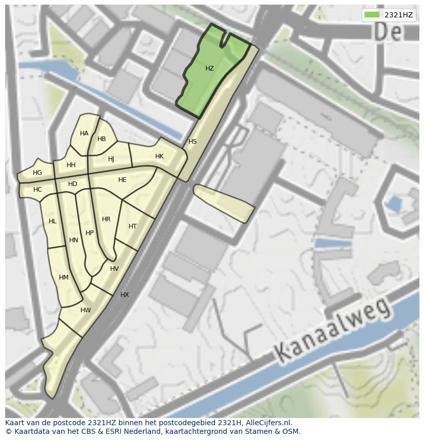 Afbeelding van het postcodegebied 2321 HZ op de kaart.