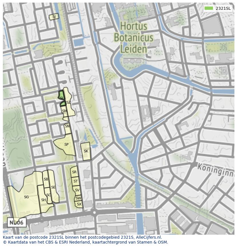 Afbeelding van het postcodegebied 2321 SL op de kaart.