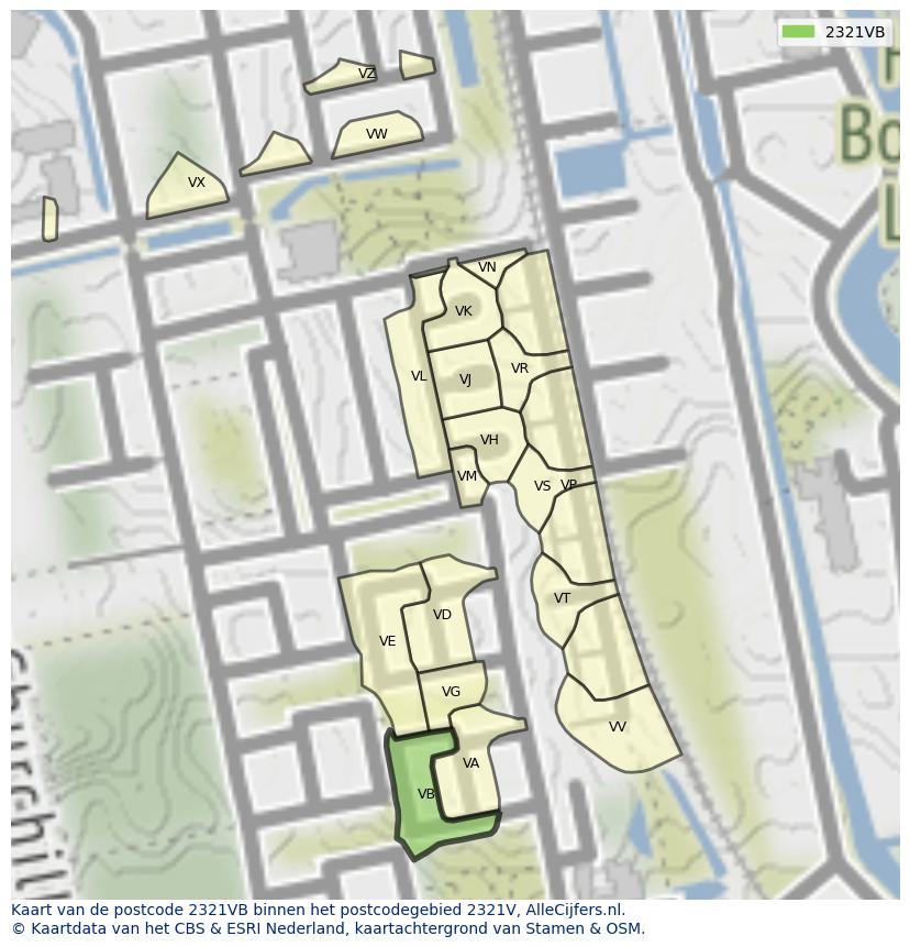 Afbeelding van het postcodegebied 2321 VB op de kaart.