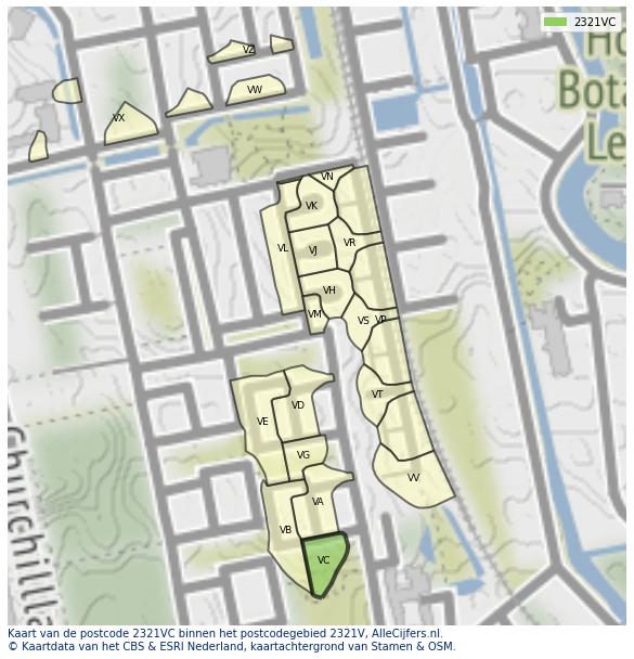 Afbeelding van het postcodegebied 2321 VC op de kaart.