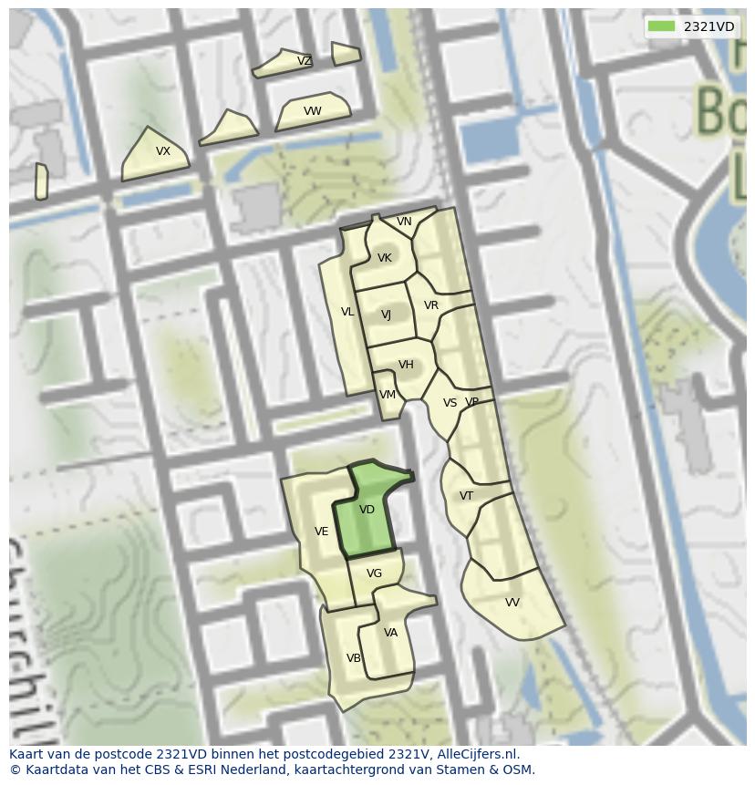 Afbeelding van het postcodegebied 2321 VD op de kaart.