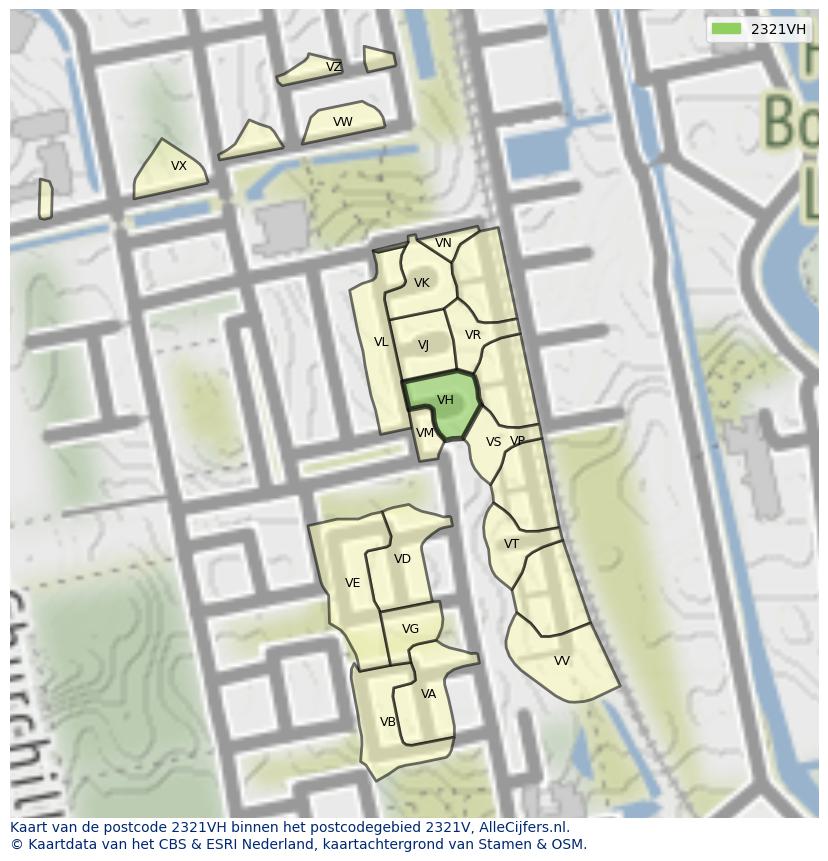Afbeelding van het postcodegebied 2321 VH op de kaart.