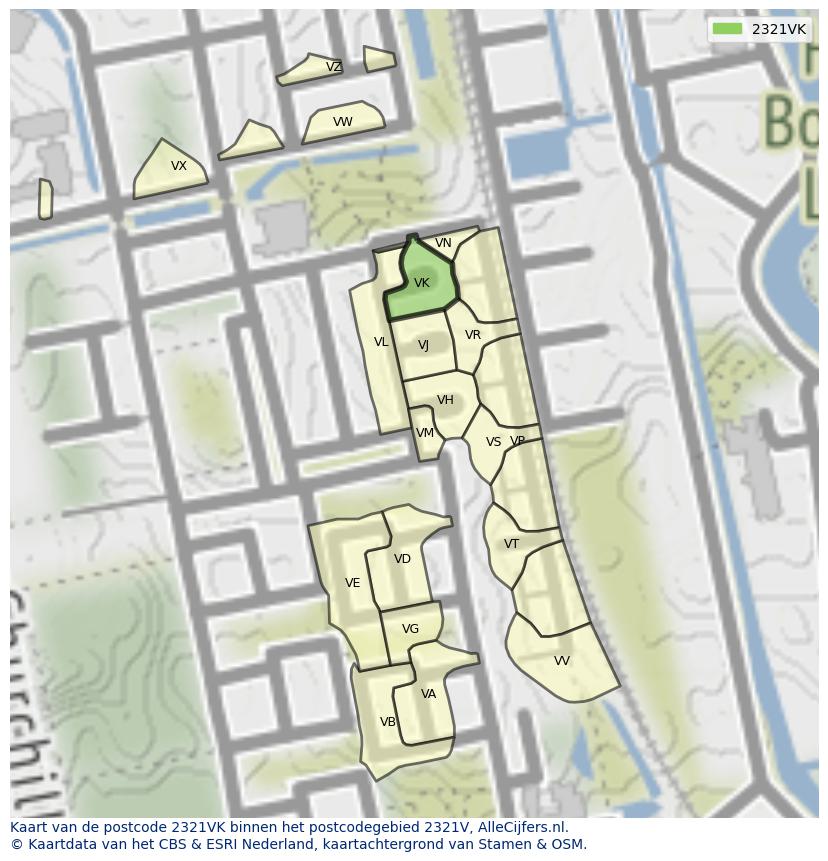 Afbeelding van het postcodegebied 2321 VK op de kaart.