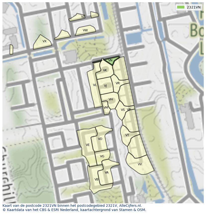 Afbeelding van het postcodegebied 2321 VN op de kaart.