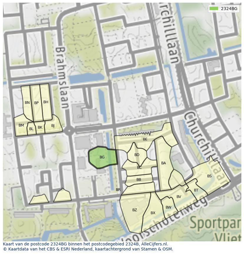Afbeelding van het postcodegebied 2324 BG op de kaart.