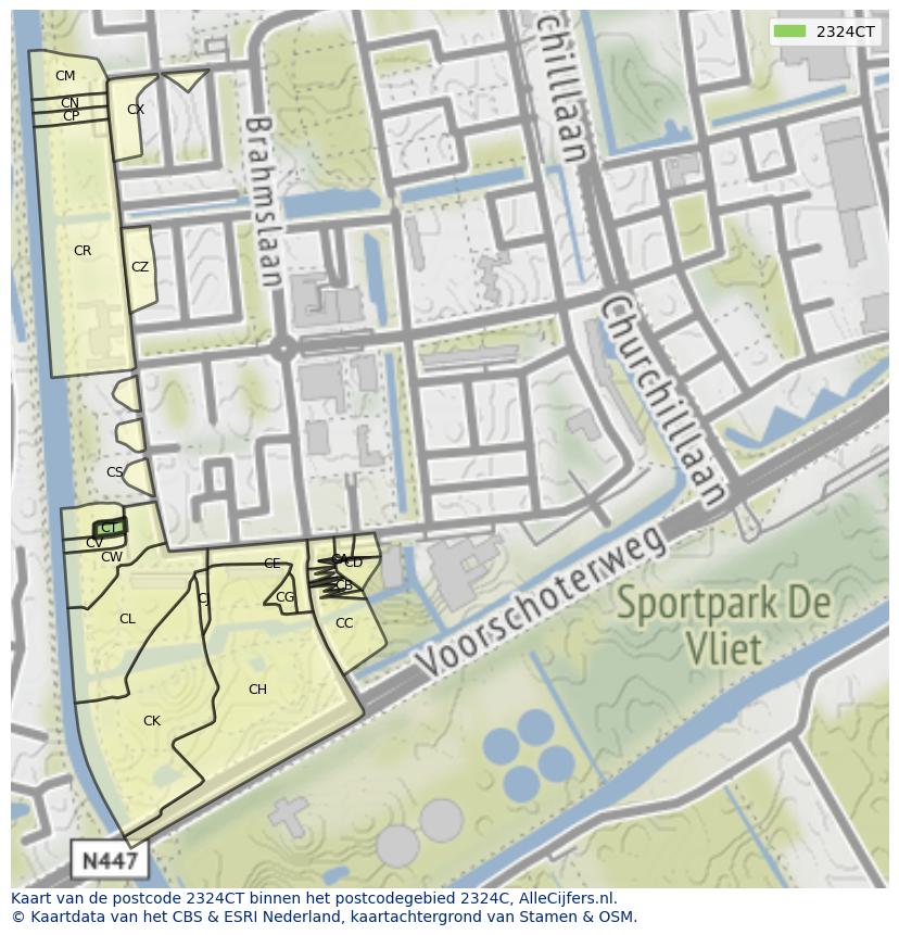Afbeelding van het postcodegebied 2324 CT op de kaart.