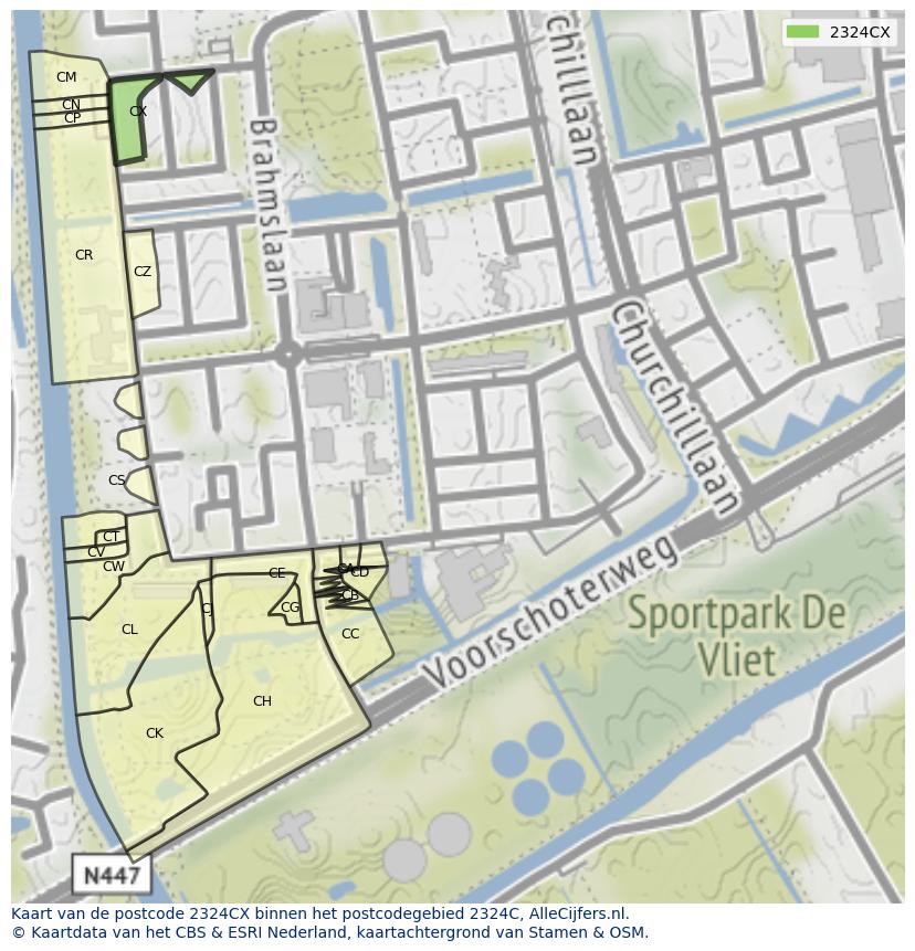 Afbeelding van het postcodegebied 2324 CX op de kaart.