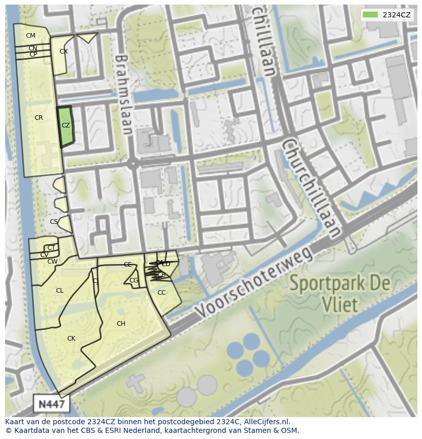 Afbeelding van het postcodegebied 2324 CZ op de kaart.