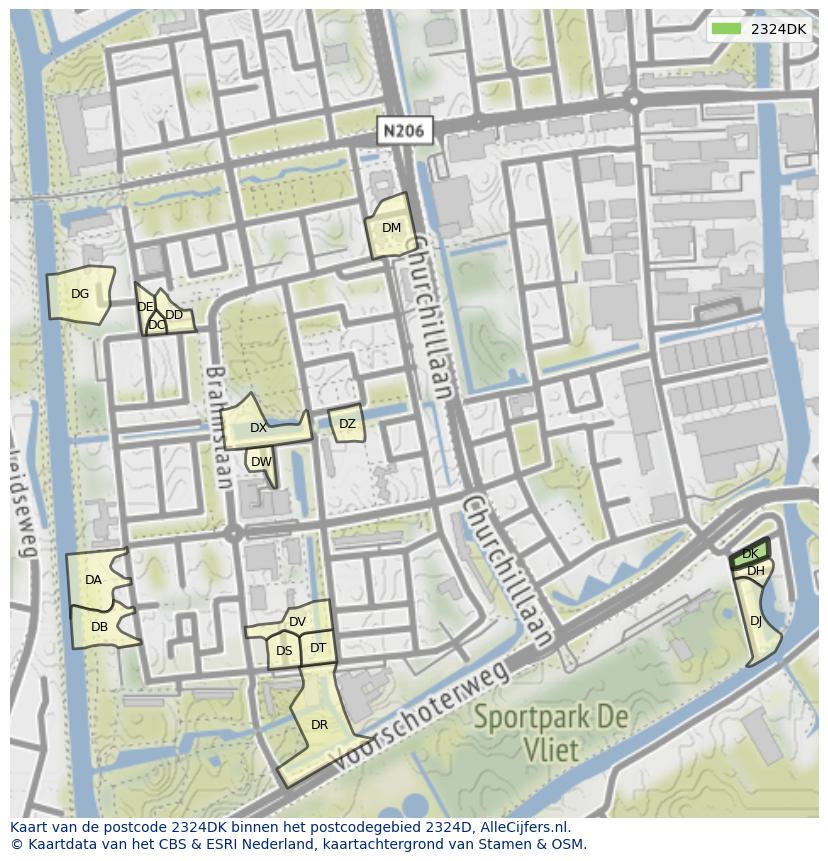Afbeelding van het postcodegebied 2324 DK op de kaart.