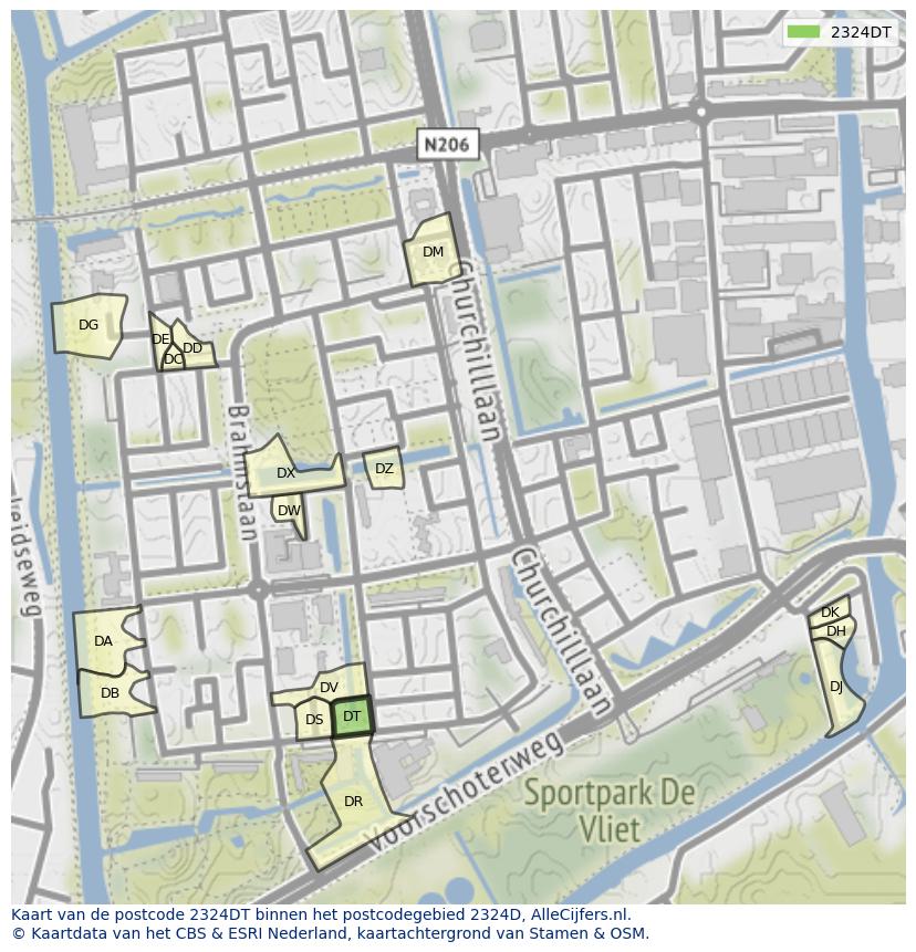 Afbeelding van het postcodegebied 2324 DT op de kaart.