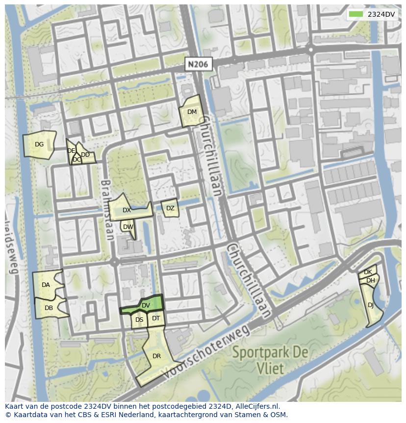 Afbeelding van het postcodegebied 2324 DV op de kaart.