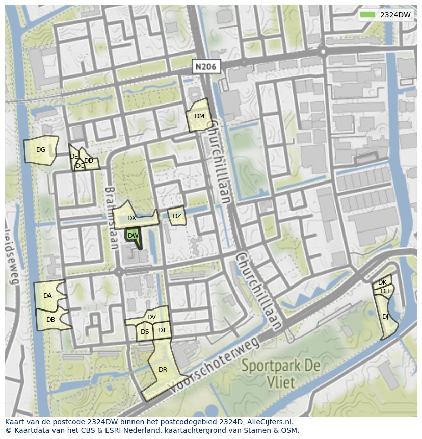 Afbeelding van het postcodegebied 2324 DW op de kaart.