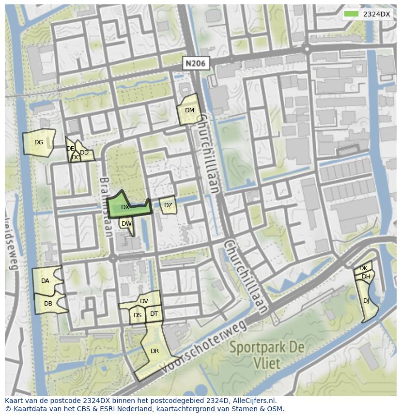 Afbeelding van het postcodegebied 2324 DX op de kaart.