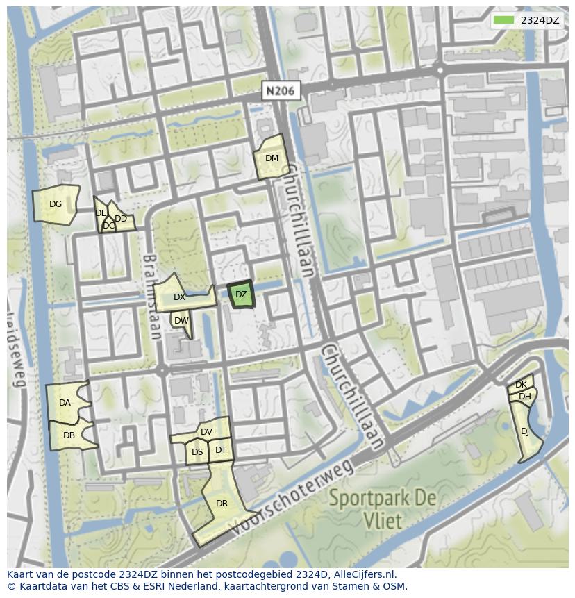 Afbeelding van het postcodegebied 2324 DZ op de kaart.