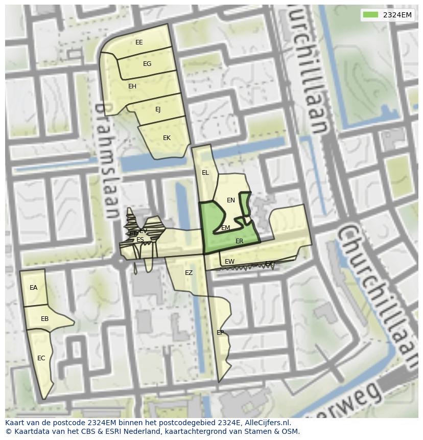 Afbeelding van het postcodegebied 2324 EM op de kaart.