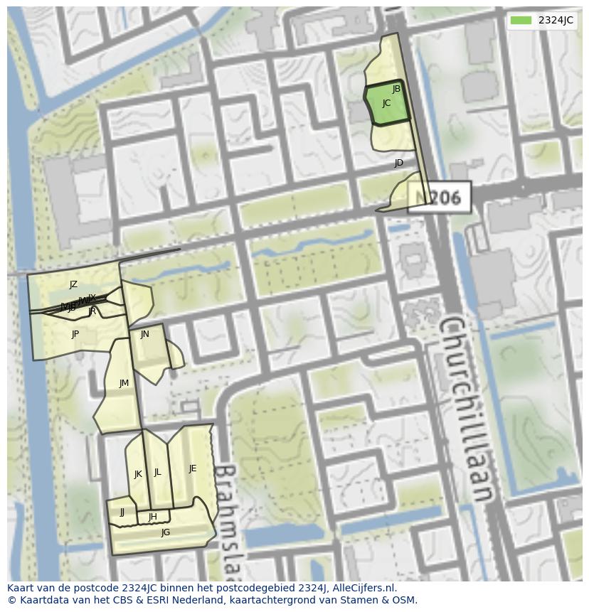 Afbeelding van het postcodegebied 2324 JC op de kaart.