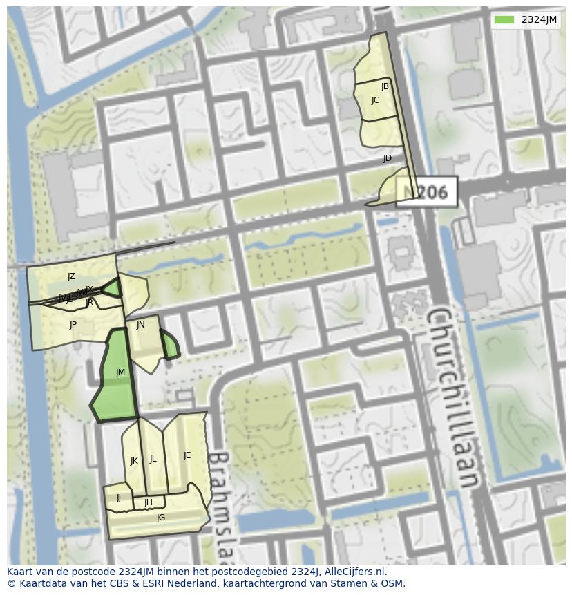 Afbeelding van het postcodegebied 2324 JM op de kaart.