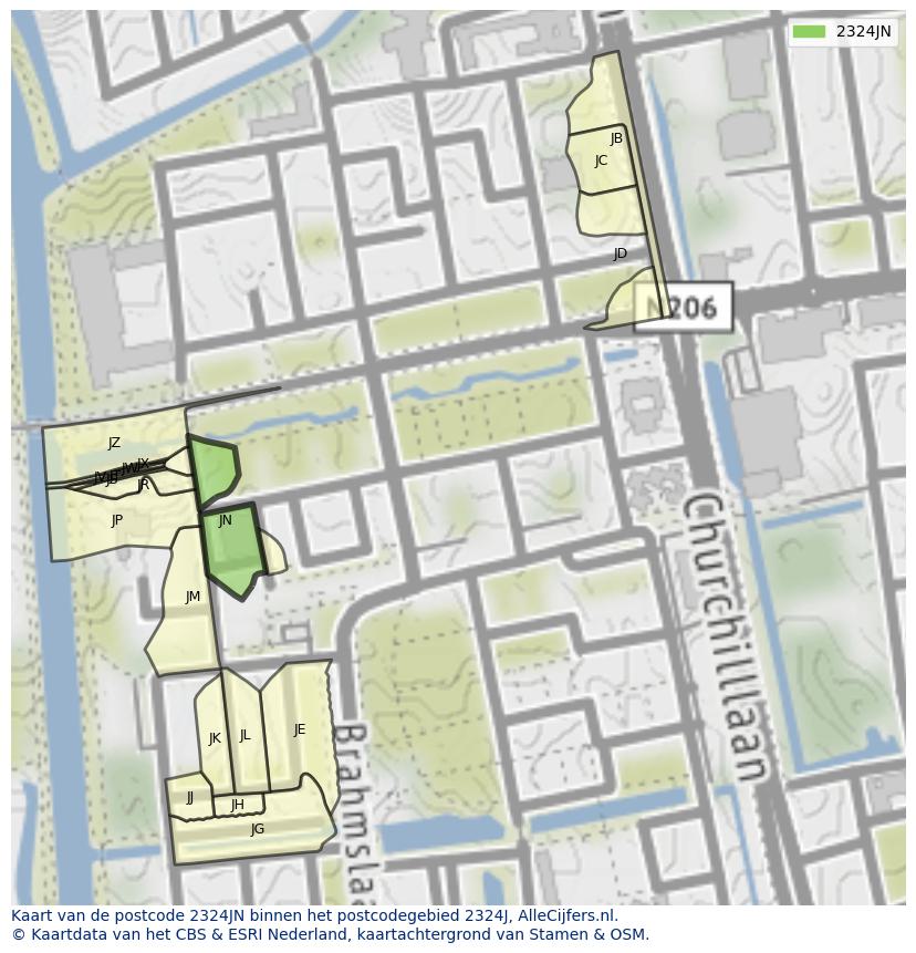 Afbeelding van het postcodegebied 2324 JN op de kaart.
